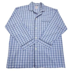 Brooks Brothers Blue White Plaid Check Cotton Pajama Shirt Button Front Size L